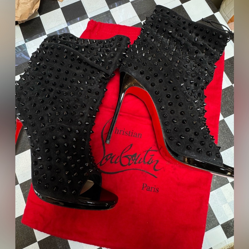 Christian Louboutin Black Studded Suede Peep-Toe Booties